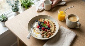 A professional, high-angle editorial photograph of a nutritious and colorful breakfast bowl with fre
