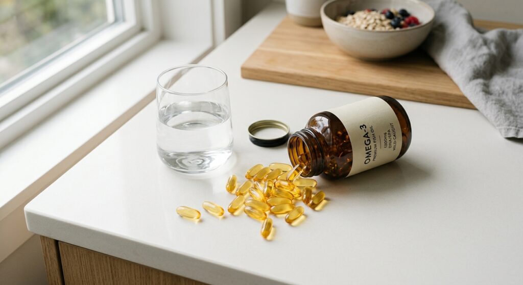 A professional, high-angle editorial photograph of high-quality omega-3 oil capsules spilling onto a