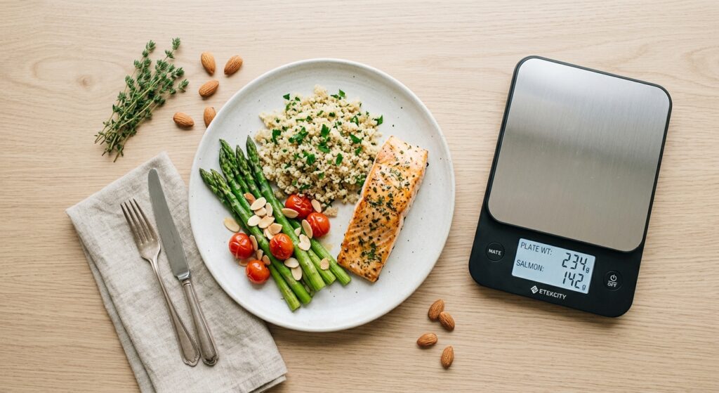 A professional, minimalist flat-lay photo of a balanced meal portion on a clean plate next to a nutr