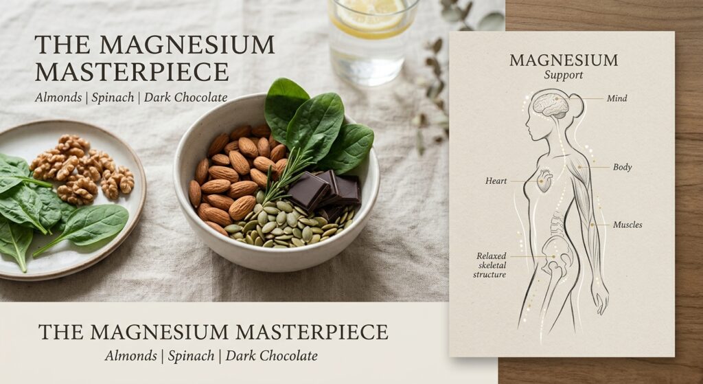 A professional, minimalist editorial composition featuring a magnesium-rich food arrangement like al