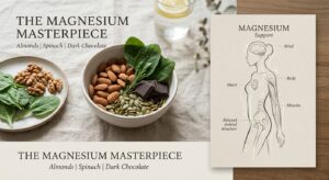 A professional, minimalist editorial composition featuring a magnesium-rich food arrangement like al