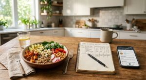 A high-quality, professional editorial photograph of a balanced meal next to a notebook with nutriti