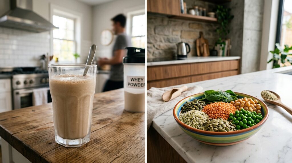 A high-quality, split-screen editorial shot contrasting a glass of creamy whey protein shake on one