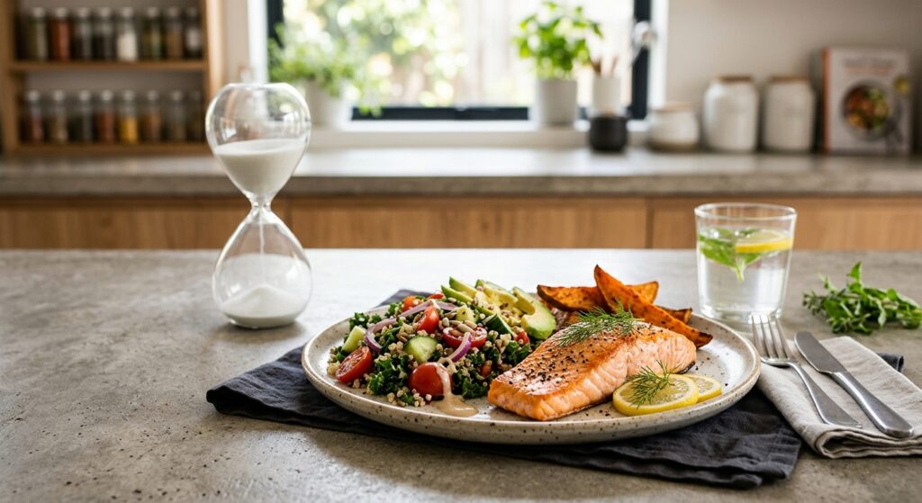 A high-quality, editorial-style photograph of a balanced, nutritious meal prepared on a modern kitch