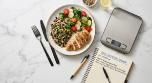 A flat-lay professional photograph of a balanced meal next to a digital kitchen scale and a notebook