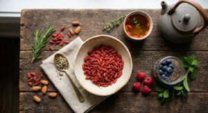 A professional, editorial-style top-down shot of a rustic wooden table featuring a ceramic bowl fill
