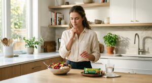 A professional, editorial-style photograph of a healthy person thoughtfully choosing between a bowl