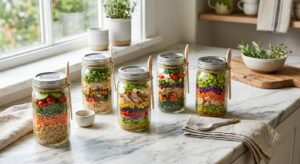 A professional, high-angle editorial photograph of colorful, nutritionally balanced salad jars arran