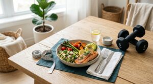 A high-end editorial photograph of a balanced, colorful meal on a table next to a measuring tape and