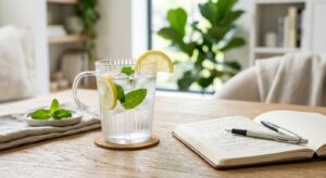 A high-quality, professional editorial shot of a sleek glass of crystal-clear water with fresh mint
