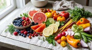 A professional, editorial-style composition featuring a vibrant assortment of fresh forest berries,