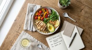 A professional, high-quality editorial flat lay of a healthy, colorful balanced meal on a wooden tab