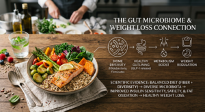 A professional, editorial-style composition featuring a healthy, colorful balanced meal on a wooden