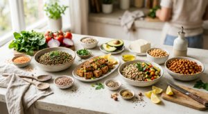 A high-end, editorial-style composition featuring a variety of colorful vegan protein sources like l
