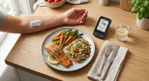 A professional, editorial-style flat lay featuring a balanced meal on a modern plate next to a gluco