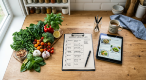 A professional, high-angle editorial photograph of a neatly organized healthy meal plan spread out o