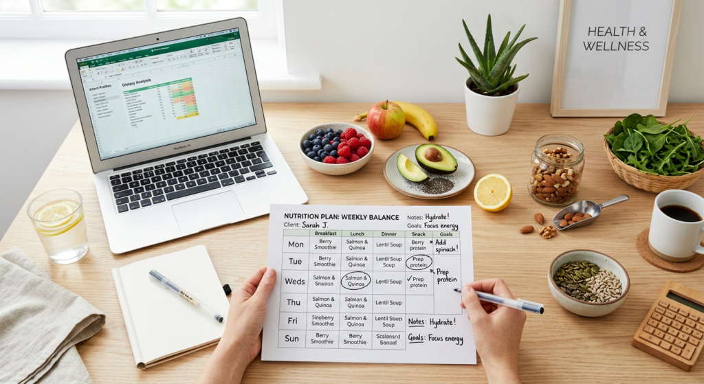 A professional, top-down editorial shot of a nutritionist’s workspace featuring a printed meal plan