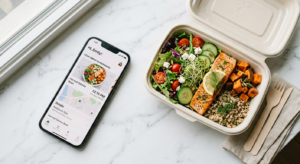 A professional, high-angle editorial photograph of a modern smartphone displaying a food delivery ap
