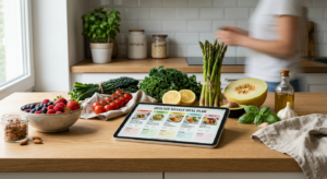 A professional, high-quality editorial shot featuring a sleek minimalist tablet displaying a vibrant