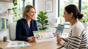 A professional, high-quality editorial photograph of a nutritionist consulting with a client in a br
