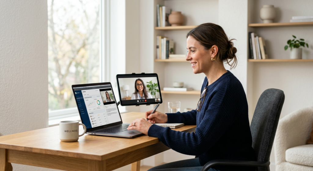 A professional, high-quality editorial shot of a woman working on a laptop while consulting with a n