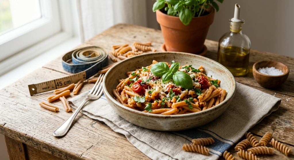 A high-quality, professional food editorial shot of a bowl of delicious whole-wheat pasta garnished