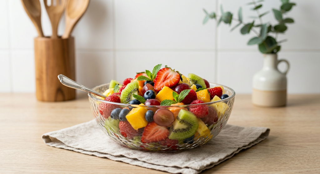 A professional, editorial-style close-up of a refreshing fruit salad in a glass bowl, featuring vibr