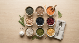A clean, professional editorial flat lay featuring a variety of colorful raw legumes like lentils, c