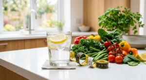 A high-quality, professional editorial photograph of a clear glass of water with lemon slices next t