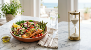 A minimalist, high-end editorial photograph featuring a fresh, balanced Mediterranean meal next to a