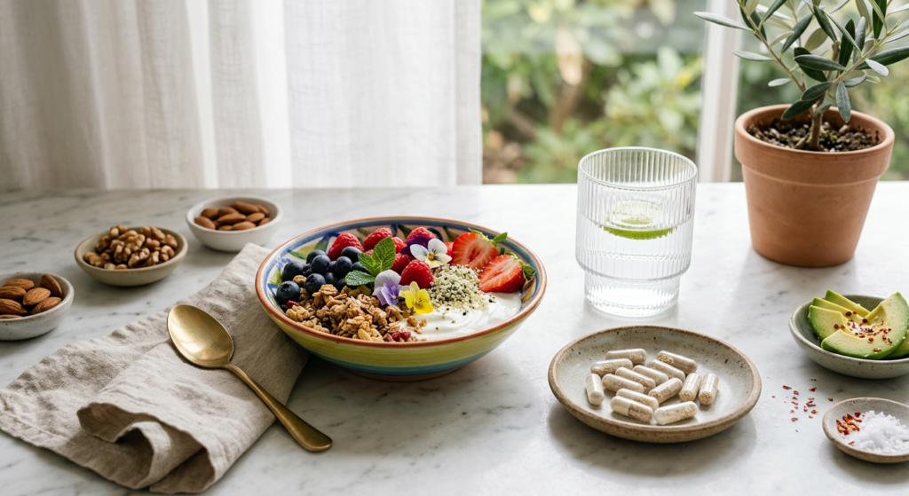 A high-end editorial lifestyle shot featuring a neat arrangement of healthy food, a glass of water,