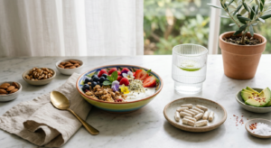 A high-end editorial lifestyle shot featuring a neat arrangement of healthy food, a glass of water,