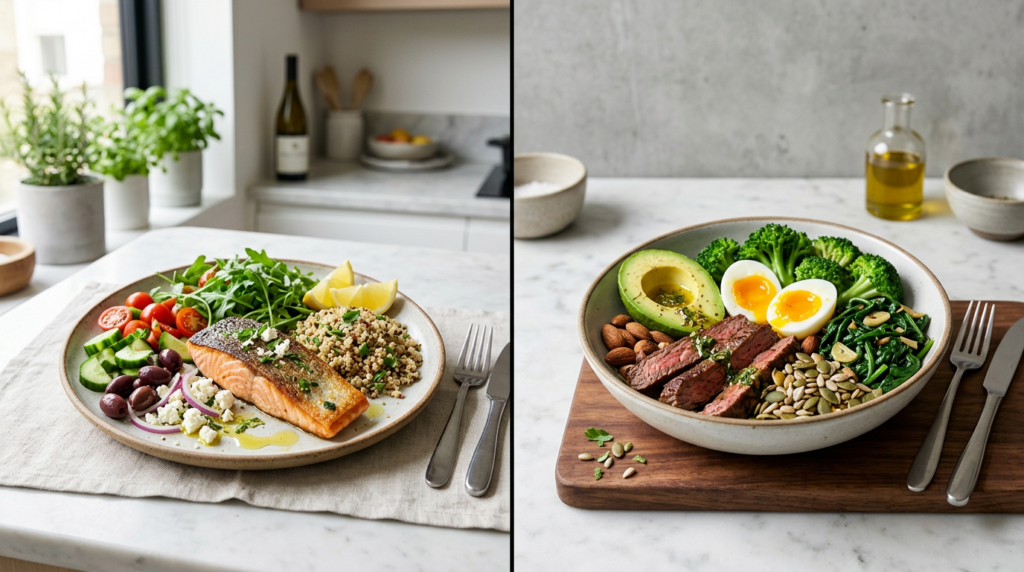 A high-end editorial split-screen composition comparing a vibrant, nutrient-dense Mediterranean plat