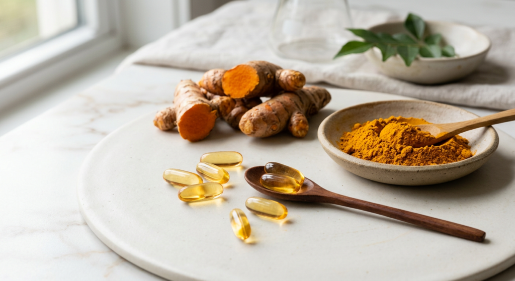 A professional, editorial-style composition featuring fresh turmeric root, golden powder, and clear