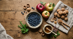 A high-end editorial flat-lay photograph featuring an aesthetically arranged assortment of fresh Pol