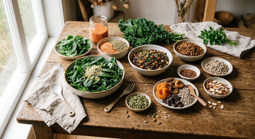 A professional, high-angle editorial photograph of a rustic wooden table filled with vibrant, iron-r