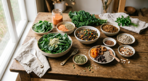 A professional, high-angle editorial photograph of a rustic wooden table filled with vibrant, iron-r