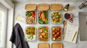 A high-quality, top-down editorial shot of a clean kitchen counter featuring glass meal prep contain