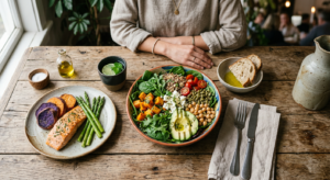 A high-angle, professional editorial shot of a balanced, colorful organic meal on a rustic wooden ta