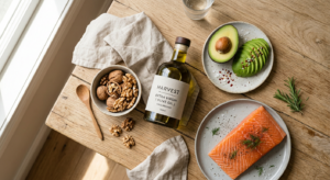 A professional, high-angle editorial shot of a wooden table featuring a balanced selection of health