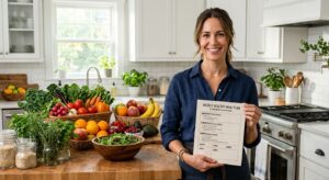 A high-quality, professional editorial shot of a person holding a healthy meal plan document while s