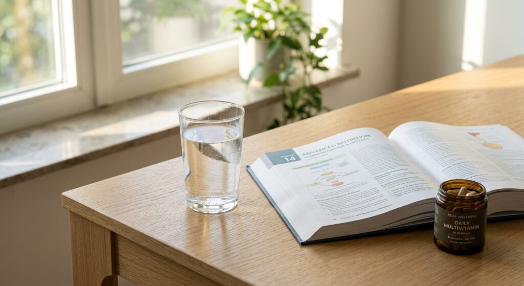 A professional, minimalist editorial shot of a glass of water, a small jar of supplements, and an op