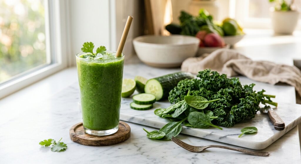 A professional editorial photograph of a vibrant green vegetable smoothie in a glass next to fresh k