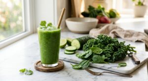A professional editorial photograph of a vibrant green vegetable smoothie in a glass next to fresh k