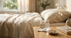 A professional editorial-style photograph featuring a peaceful bedroom scene with a glass of water a
