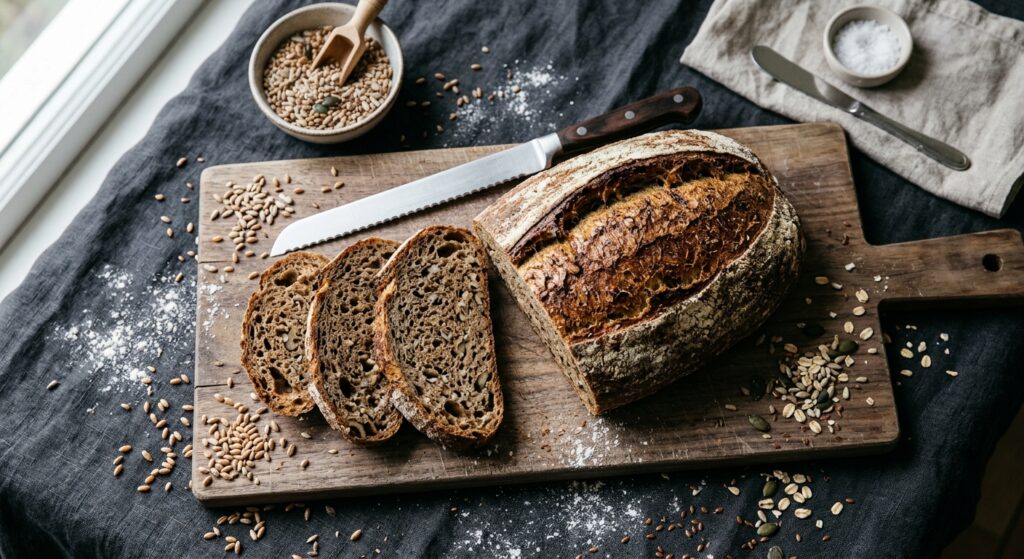 A high-angle, professional editorial shot of a rustic, crusty loaf of whole-grain sourdough bread sl
